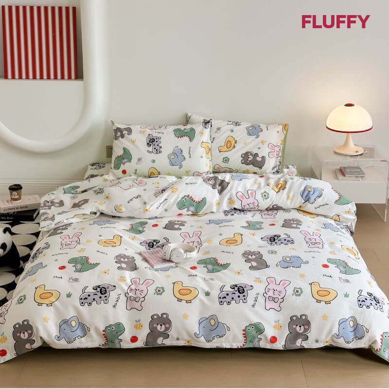 ชุดผ้าปูที่นอน 3.5ฟุต 4ชิ้น Fluffy คอลเลคชั่น Dreamy ลาย Zoo รวมผ้านวม
